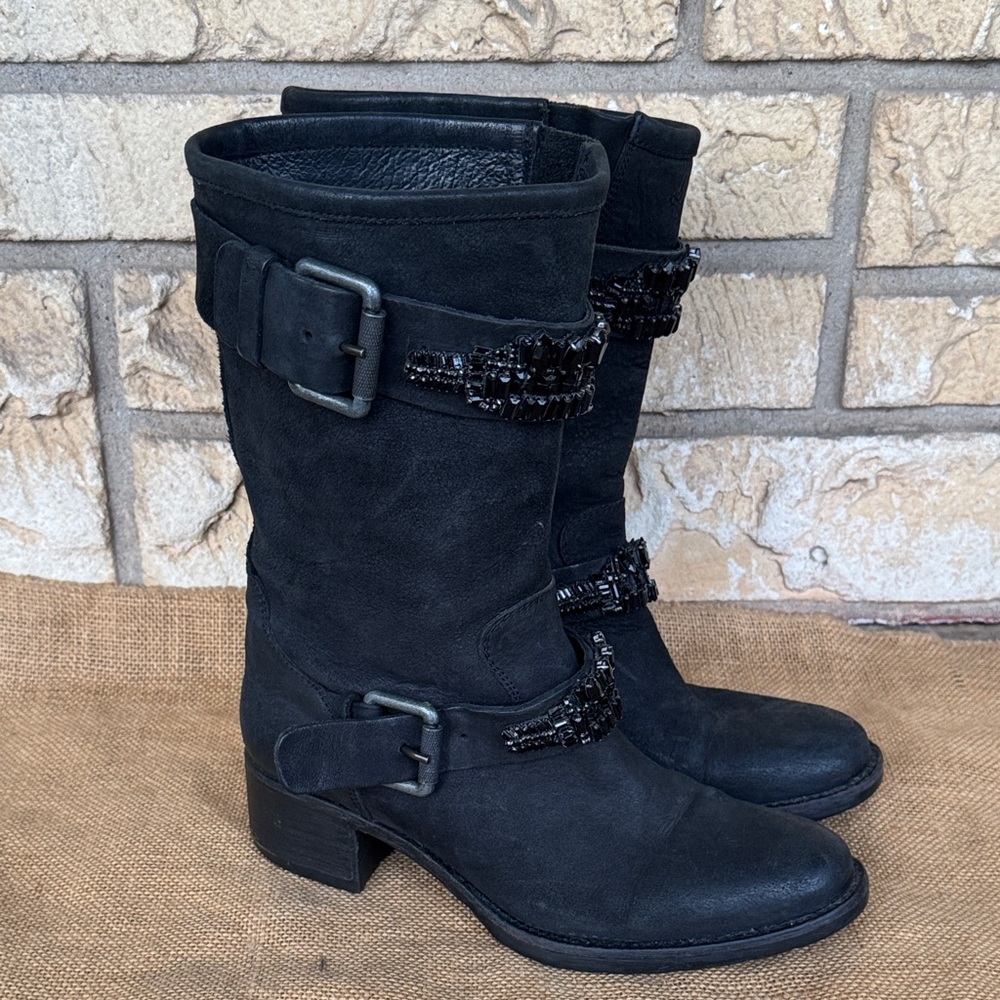 Vera Wang Lavander Label Crystal Embellished Biker Boots Black Leather  6 1/2 - Picture 13 of 13